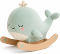 Juju Rocking Whale Soft Velour Rocker – Mint Cushioned Whale on Natural Beechwood Base with Painted Star Accents – Cozy Nursery Decor Accent – Embroidered Sleepy Face Design