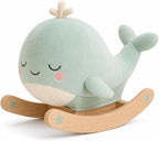 Juju Rocking Whale Soft Velour Rocker – Mint Cushioned Whale on Natural Beechwood Base with Painted Star Accents – Cozy Nursery Decor Accent – Embroidered Sleepy Face Design