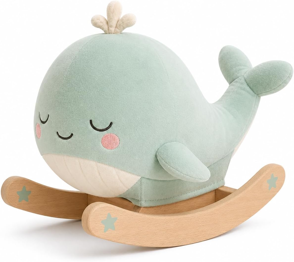 Juju Rocking Whale Soft Velour Rocker – Mint Cushioned Whale on Natural Beechwood Base with Painted Star Accents – Cozy Nursery Decor Accent – Embroidered Sleepy Face Design