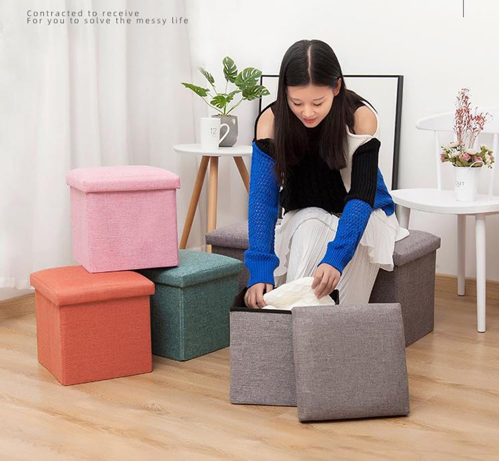 Small Storage Ottoman Foldable Cube Stool,Square Foot Rest Stool for Living Room Bedroom,Toy Box Storage Chest Collapsible Padded Seat Ottoman (Beige,16x10x10inch)