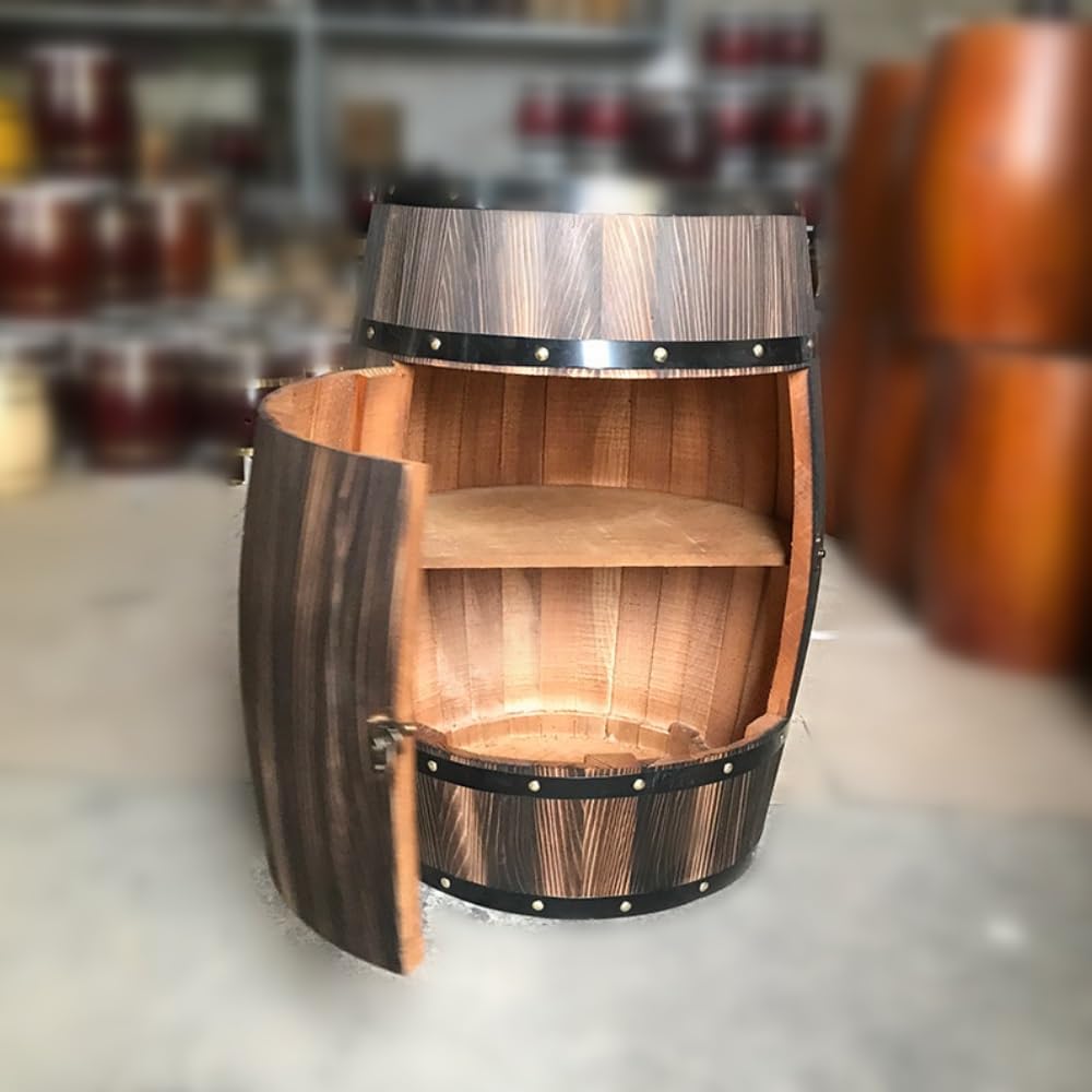 2-Tier Whiskey Barrel Table with Buckle, Solid Wood Barrel Side Table, Wine Barrel Decor for Bar, Home(Brown,21.7in)