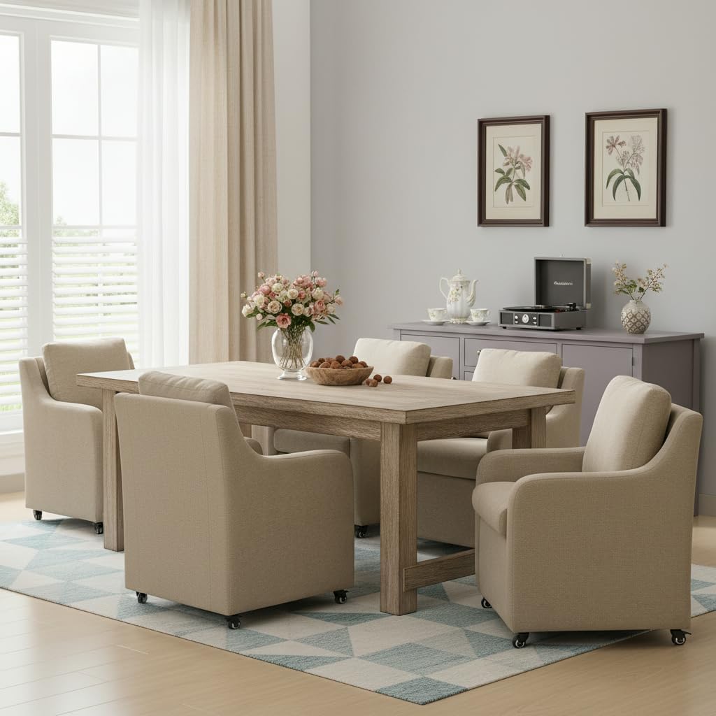 Rolled Dining Chair with Casters, Upholstered Modern Swivel Armchair with Wheels for Kitchen (1, Fabric Camel)