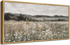 SHENIFY 20x40in Extra Large Vintage Framed Wall Art Meadow with Flowers Landscape Painting Retro Scenery Farmhouse Bedroom Above of Bed Living Room Decor - Natural Framed
