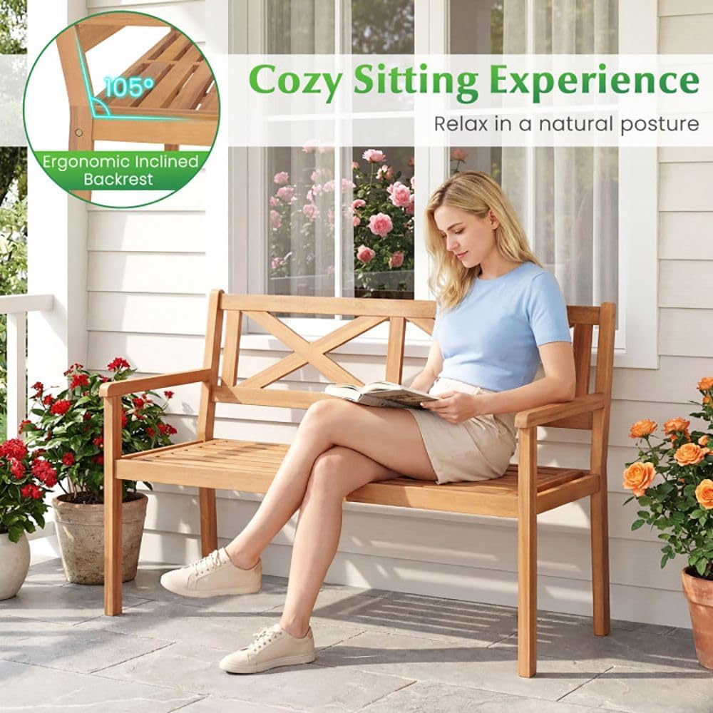 2-Person Acacia Wood Garden Chair Armrests Backrest 44in Seat Width 800lb Capacity for Patio