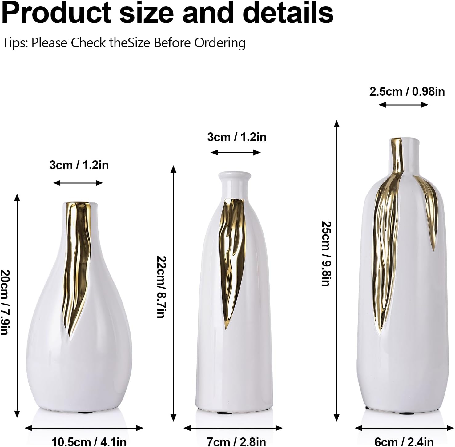White and Gold Vase Set of 3, Modern Ceramic Decorative Vases for Living Room, Bedroom, Art Decor, Mantle, Home Event Decor, Office Decorative, Weddings, Rustic & Farmhouse (White Gold)