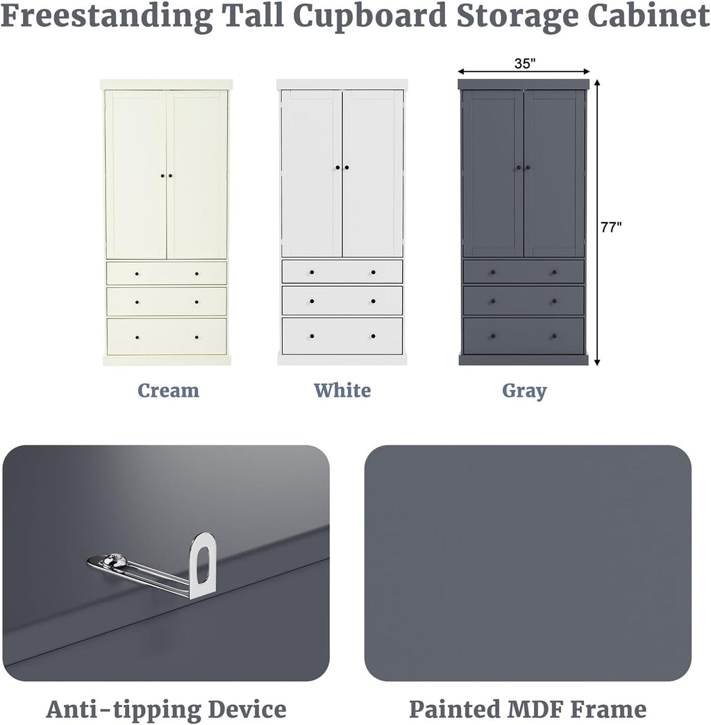 77inch Kitchen Pantry, Freestanding Tall Cupboard Storage Cabinet with 3 Adjustable Shelves, 8 Door Shelves, 3 Drawers for Kitchen, Dining Room White