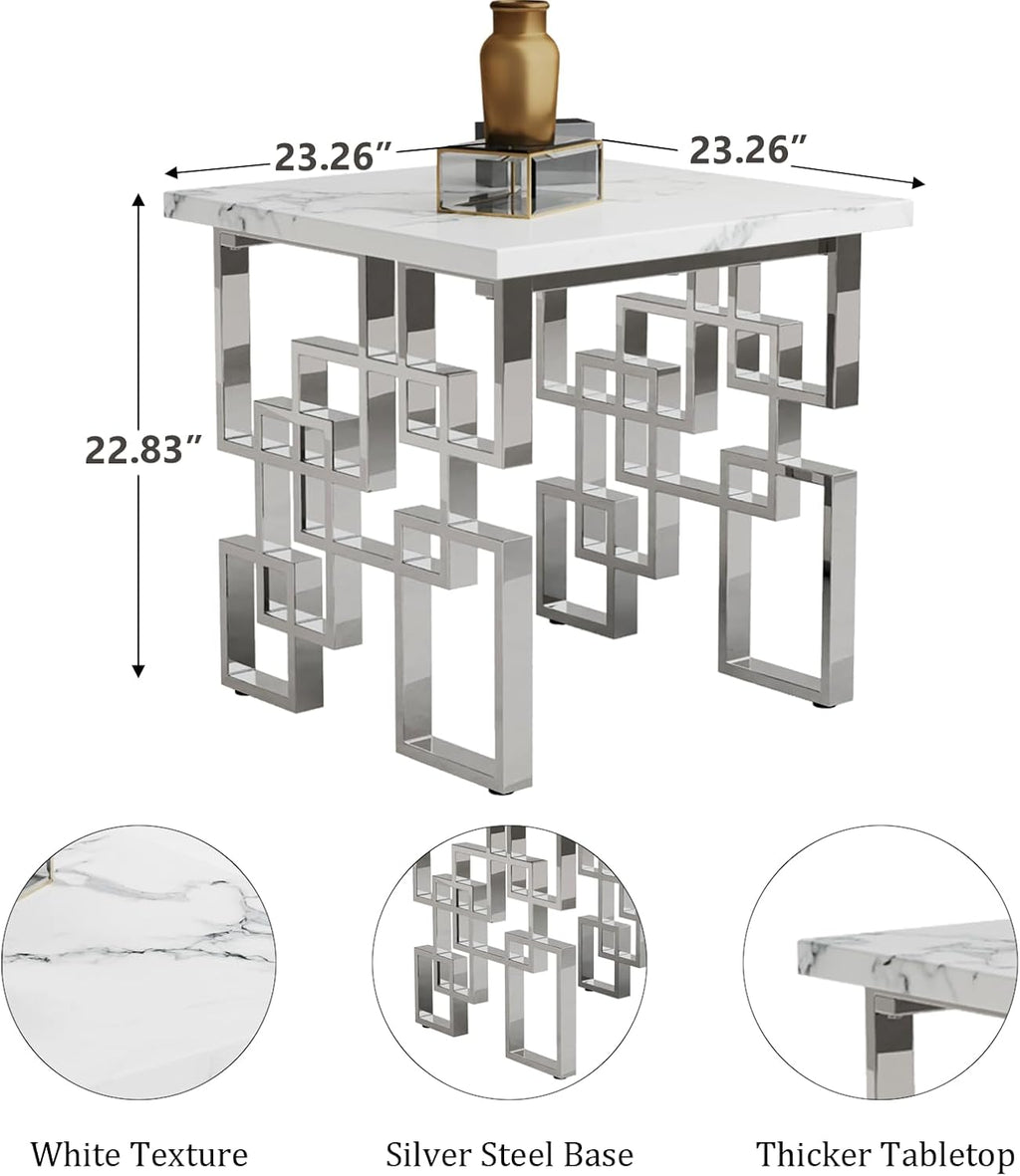 AUZ Silver End Table, Modern Square Living Room Side Table with White Faux Marble Top and Mirrored Silver Metal Geometric Base