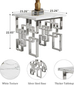 AUZ Silver End Table, Modern Square Living Room Side Table with White Faux Marble Top and Mirrored Silver Metal Geometric Base