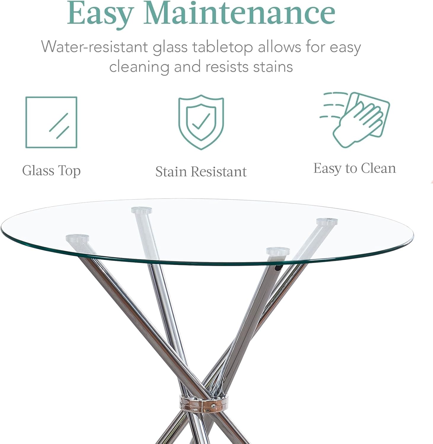 5 Pieces Round Dining Room Set for 4 Contemporary Glass Kitchen Table with 4 PU Chairs Set Compact Silver Legs Glass Table with Grey Chairs Set for Small Space/Apartment