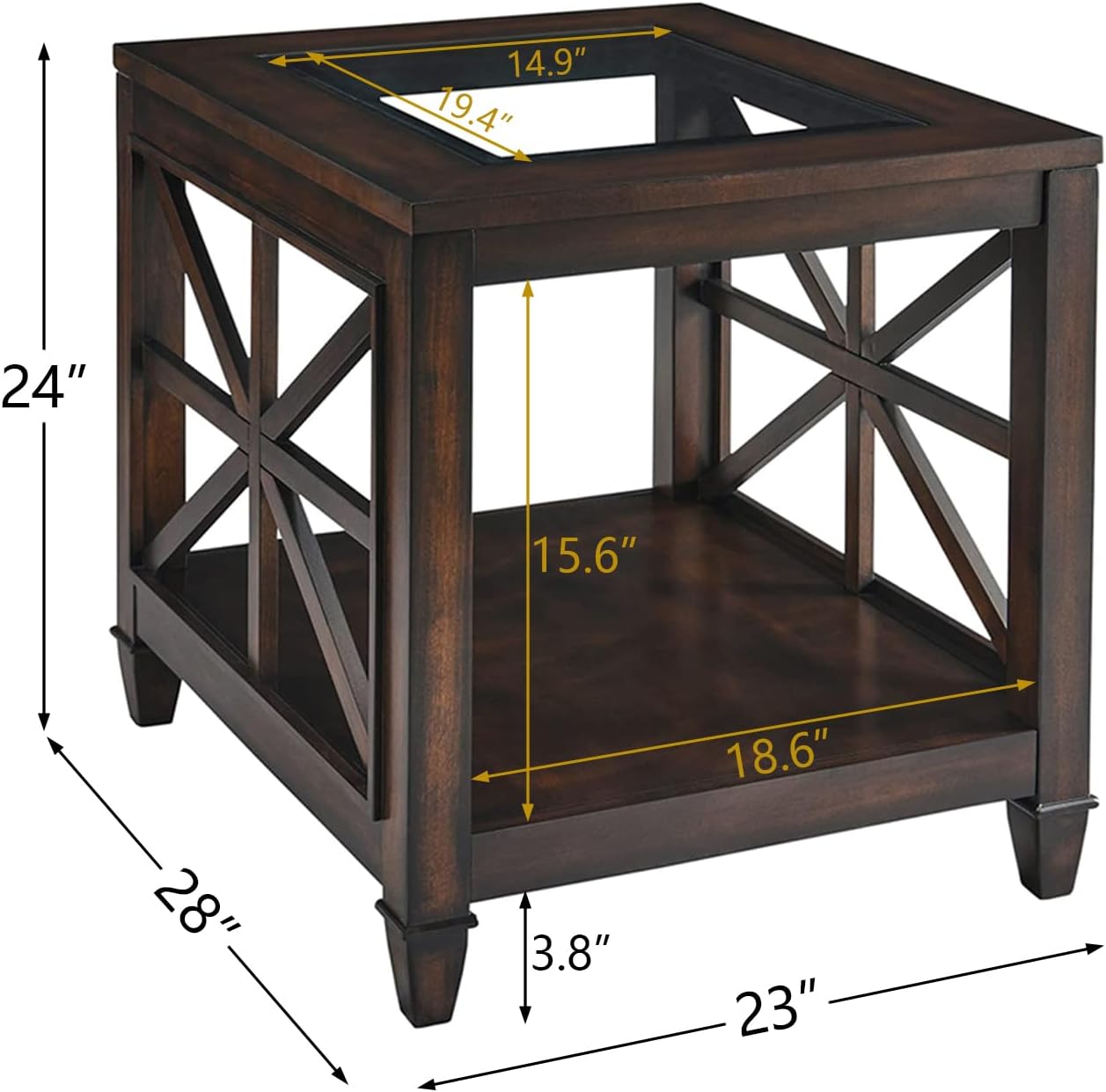 Set of 2 Solid Wood End Tables with Tempered Glass Top, 28" x 24" Large Farmhouse Side Table for Living Room, Bedroom & Office, Vintage Walnut