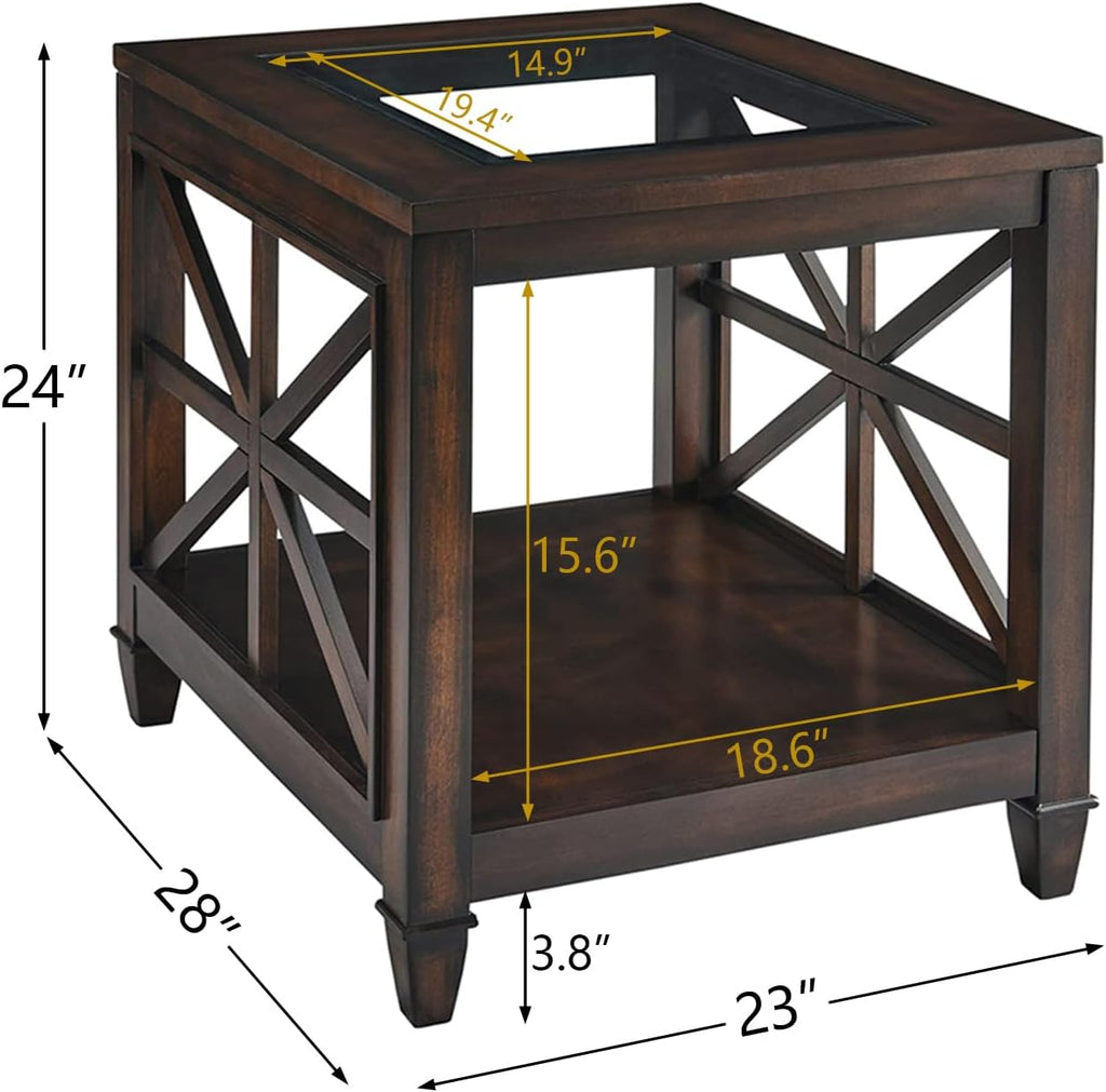 Set of 2 Large Solid Wood End Tables with Tempered Glass Top, 28" x 24" Farmhouse Side Tables, Vintage Walnut for Living Room, Bedroom, Office