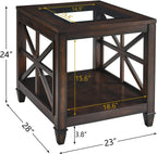 Set of 2 Large Solid Wood End Tables with Tempered Glass Top, 28" x 24" Farmhouse Side Tables, Vintage Walnut for Living Room, Bedroom, Office