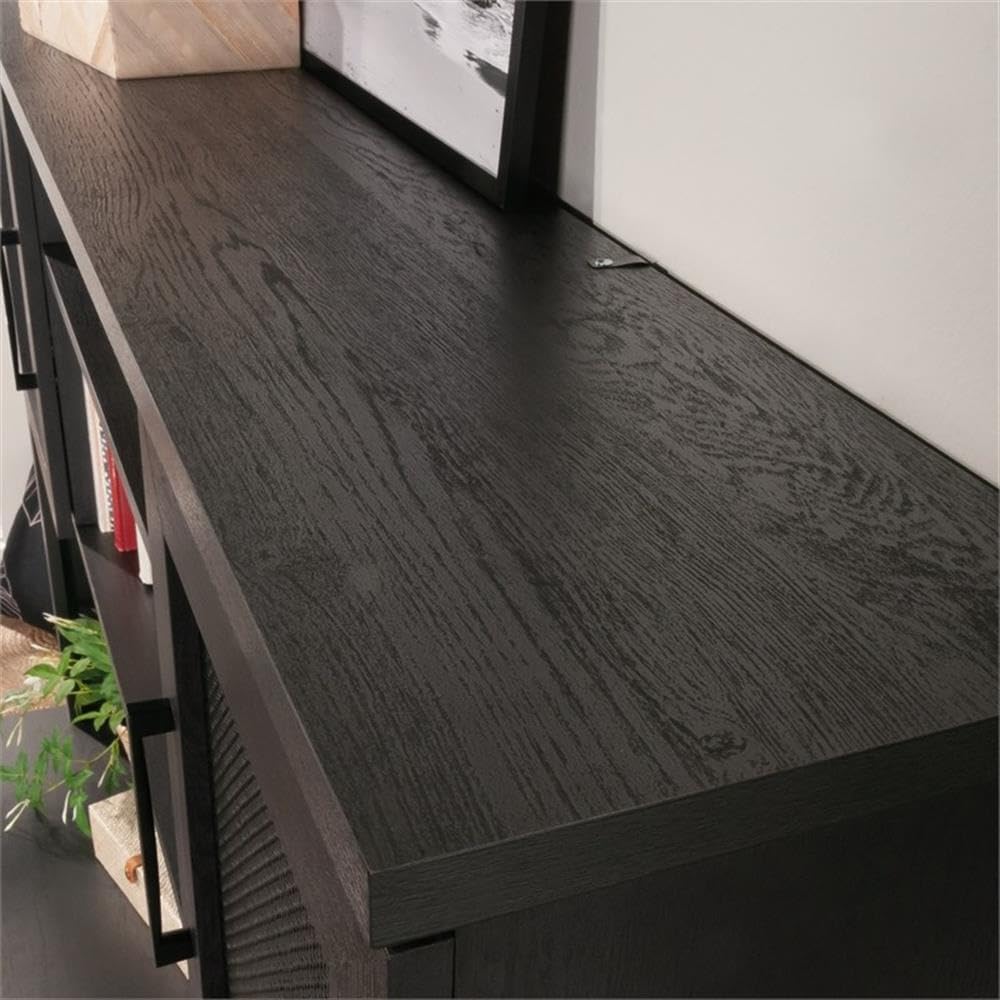 Pemberly Row Large Coastal Engineered Wood Hutch, Raven Oak Finish, 42 in x 66 in x 11 in, Adjustable Shelves, Rattan Doors, Cord Management, Office Storage Attachment for Desk or Credenza