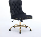 Modern Velvet Office Chair with Tufted Button Design, Adjustable Swivel Desk Chair with Golden Metal Base for Home and Office,Black