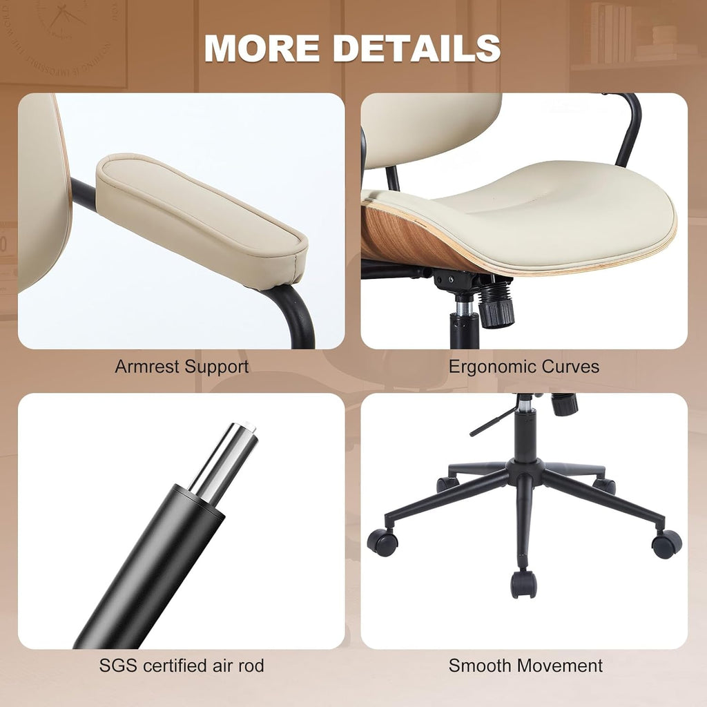 Mid Century Modern Office Chair with Adjustable Backrest, Wooden Desk Chair with Armrests, Swivel Height Adjustable Home Office Chair, Comfortable Task Chair for Home Office, Beige