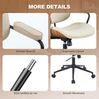 Mid Century Modern Office Chair with Adjustable Backrest, Wooden Desk Chair with Armrests, Swivel Height Adjustable Home Office Chair, Comfortable Task Chair for Home Office, Beige