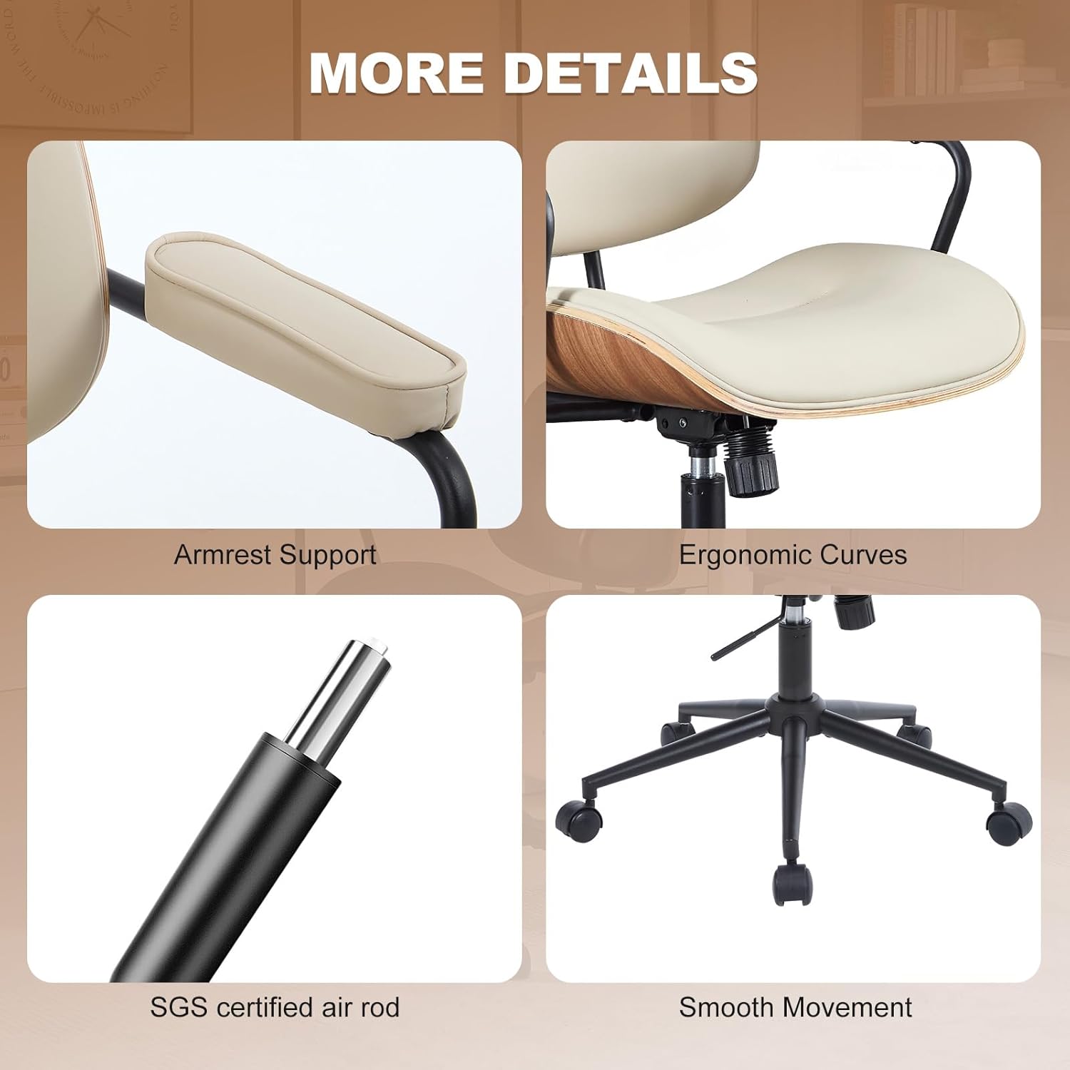 Mid Century Modern Office Chair with Adjustable Backrest, Wooden Desk Chair with Armrests, Swivel Height Adjustable Home Office Chair, Comfortable Task Chair for Home Office, Beige