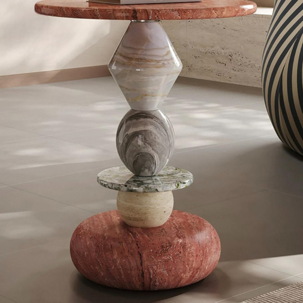 Modern Marble Side Table, Round Accent Table with Sculptural Stone Base, Luxury Small Coffee Table for Living Room, Bedroom, Sofa End Table