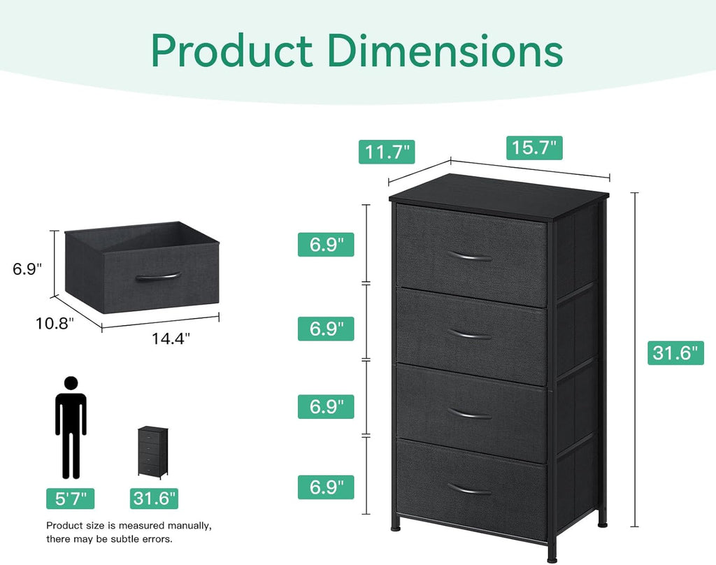 AODK Small Dresser for Bedroom with 4 Storage Drawers, Black | Dressers Chest of Drawers Fabric Dresser with Sturdy Steel Frame, Dressers for Closet with Wood Top