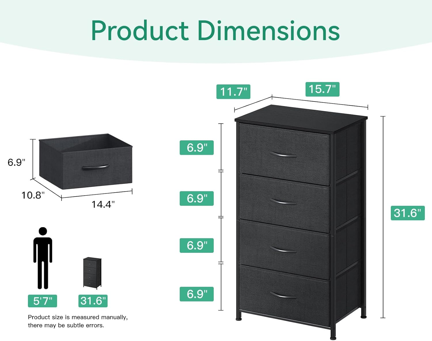 AODK Small Dresser for Bedroom with 4 Storage Drawers, Black | Dressers Chest of Drawers Fabric Dresser with Sturdy Steel Frame, Dressers for Closet with Wood Top