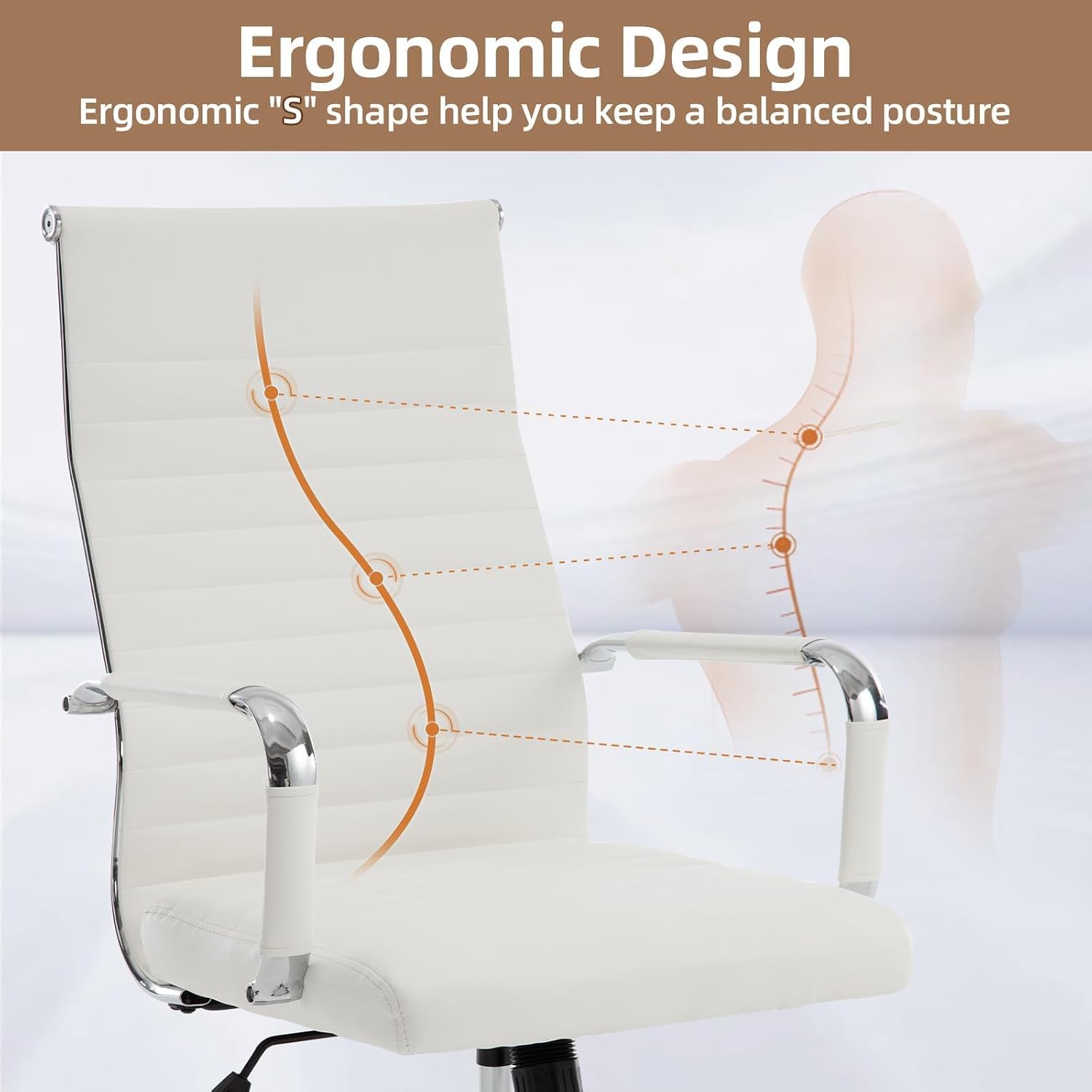 Office Chair, Adjustable Desk Chair, Mid-Back Ergonomic Conference Room Chairs, Comfortable Leather Executive Ribbed Computer Chair, Swivel Chair with Casters for Home Office