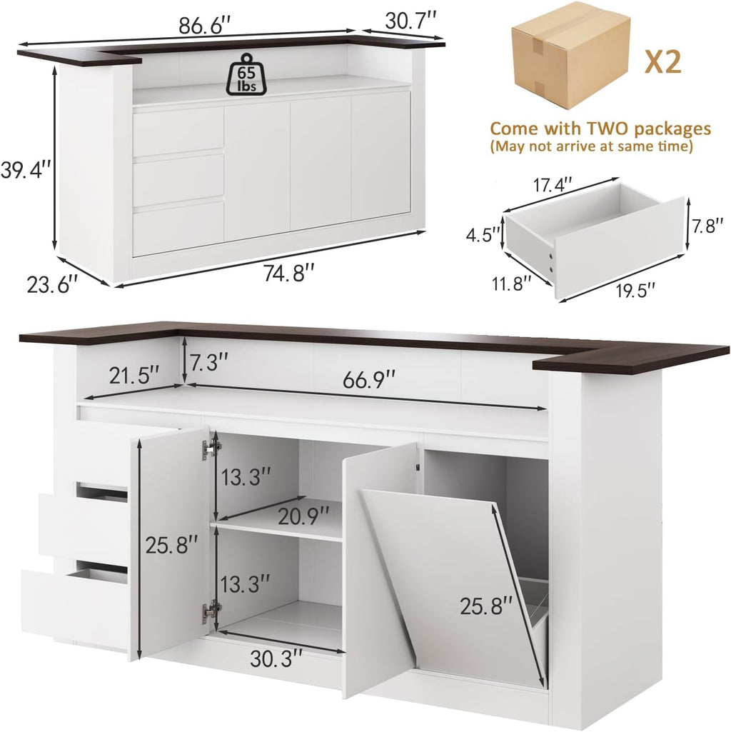 86.6" Large Kitchen Island with Trash Can Storage, Stationary Storage Island with 3 Drawers and 2 Shelves, Wood Island Table with Large Countertop for Kitchen, Dining Room,White