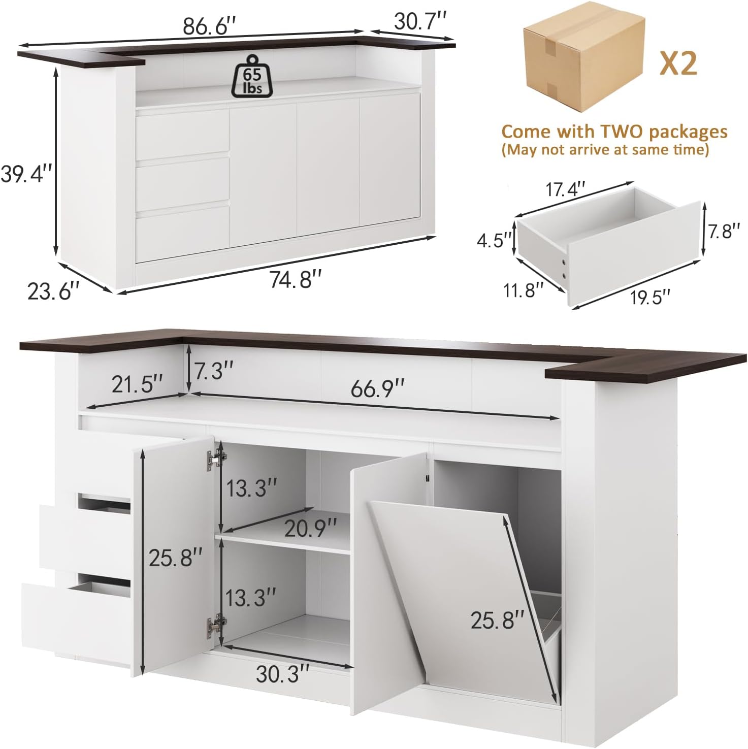 86.6" Large Kitchen Island with Trash Can Storage, Stationary Storage Island with 3 Drawers and 2 Shelves, Wood Island Table with Large Countertop for Kitchen, Dining Room,White