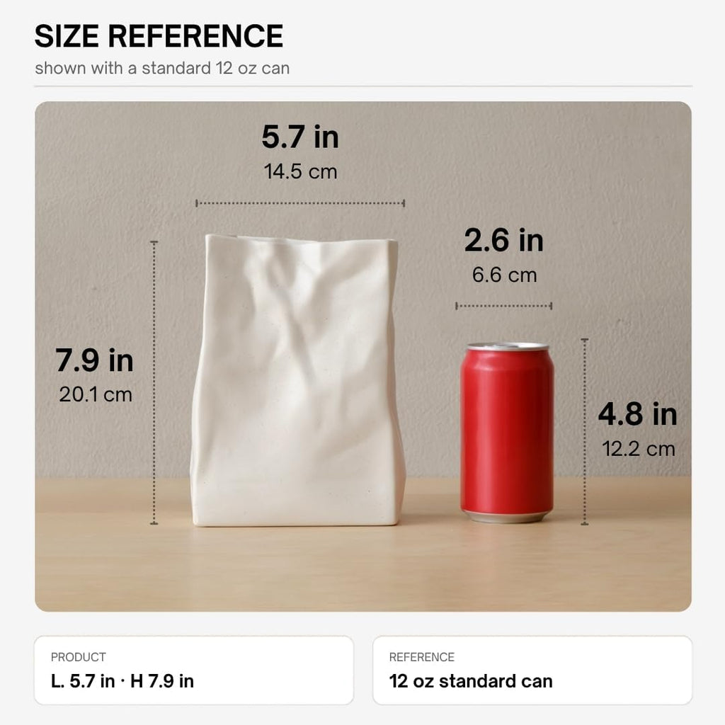 WENSHUO Crinkle Paper Bag Ceramic Vase, Modern Aesthetic Flower Vase for Home Decor, Unique Matte Ceramic Paperbag Vase for Flower Arrangement, Bookshelf Desk Decorative Ornament, Quirky Gift