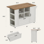 51" Kitchen Island with Storage & Drop Leaf, Farmhouse Rolling Kitchen Island on Wheels with Power Outlet, Spice Rack,Portable Island Table with Drawer & Cabinet for Kitchen, White