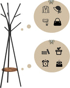 HOME BI Coat Rack, Coat Hanger Stand with Shelves, Freestanding Hall Tree, Metal Hat Hanger with 9 Hooks for Clothes Hats and Scarves, Black and Rustic Brown(Black+Rustic Brown)