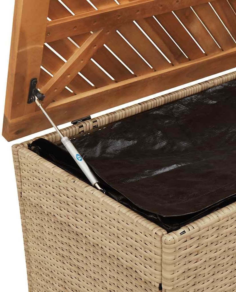 Patio Storage Box Beige 43.3x19.7x21.3 Inch Poly Rattan Acacia Wood Bench Seat with Waterproof Bag