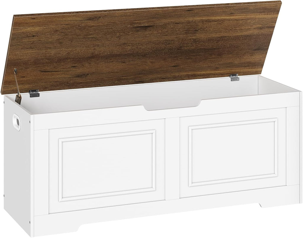 CHOEZON Storage Bench, 47.2" Large Capacity Toy Chest, Farmhouse Storage Trunk with Soft Close Hinge, Wooden Storage Box for Entryway, Living Room, Bedroom, White and Walnut MCW25WL
