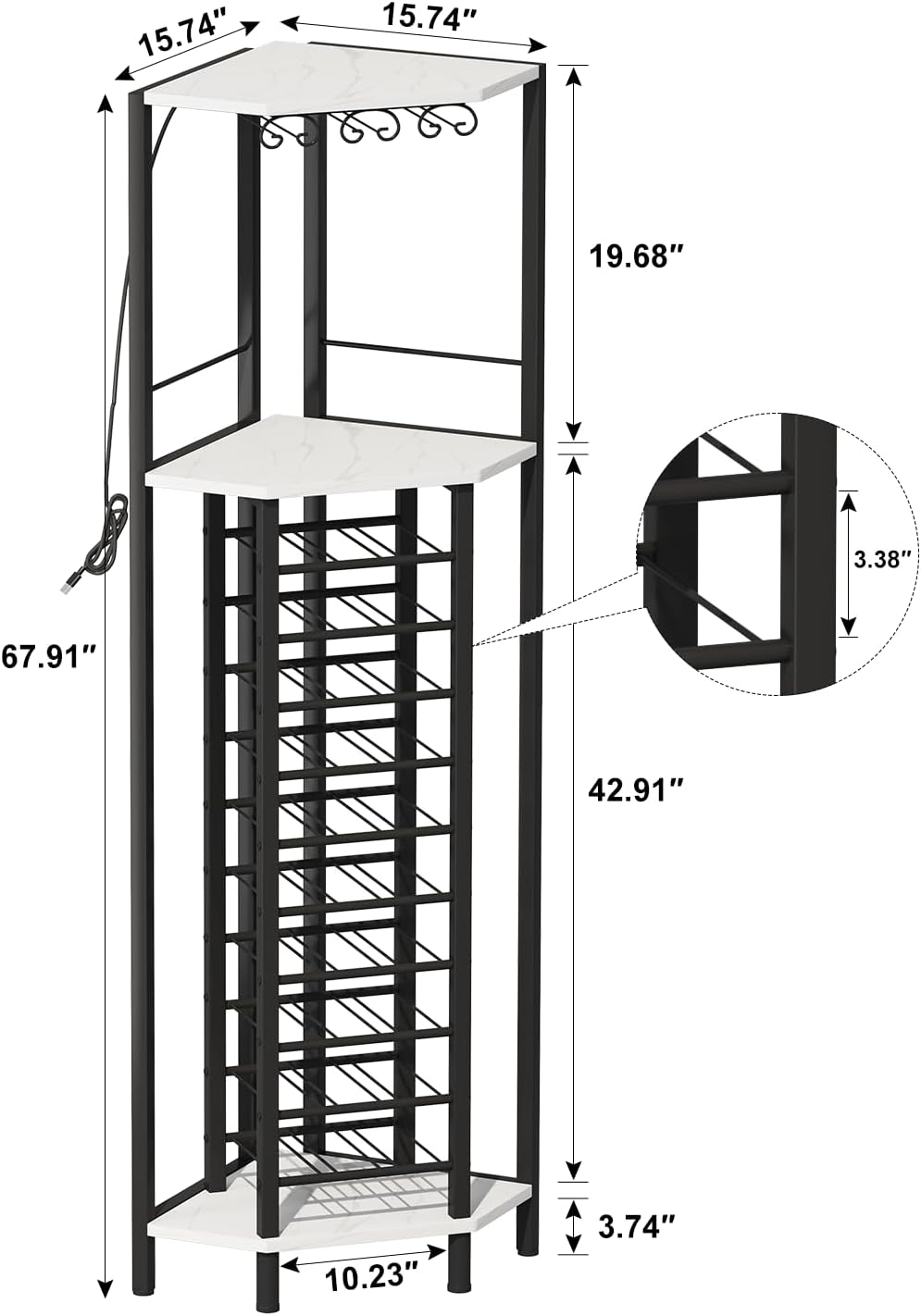 Homeiju Corner Wine Rack with Glass Holder and Led Strip Light, Corner Bar Wine Racks Freestanding Floor, Industrial Corner Bar Cabinet for Kitchen, Dining Room, Living Room or Cellar
