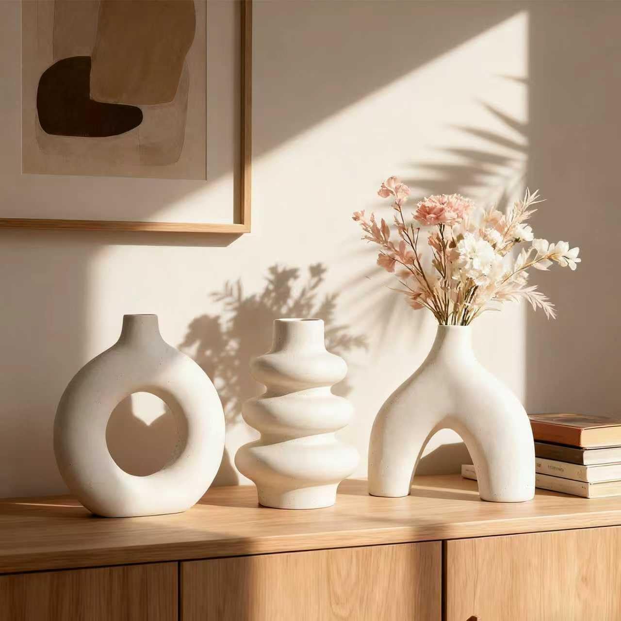 Set of 3 White Large Ceramic Modern Flower Vase for Home Decor, Perfect for Centerpieces, Living Room, Bookshelf, Office, Weddings, Gifts, Fits Fresh, Dried Flowers, Minimalist Farmhouse Decor