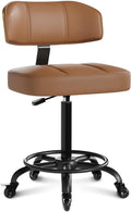 Drafting Chair with Lockable Wheels, Tall Chair Adjustable Stool with Curved Walnut Backrest and Footrest Ring, PU Leather Ergonomic Rolling Chair 300LBS Capacity for Office Workstation(Brown)