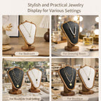 Necklace Display Stand, Walnut Wood Jewelry Holder with Soft Padded Leather Panel, Tabletop Necklace Organizer for Dresser, Vanity, Boutique Display (White)