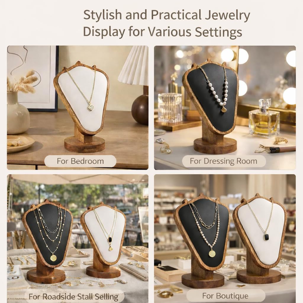 Necklace Display Stand, Walnut Wood Jewelry Holder with Soft Padded Leather Panel, Tabletop Necklace Organizer for Dresser, Vanity, Boutique Display (White)