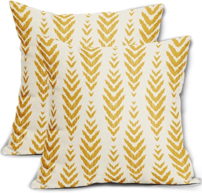Sweetshow Yellow Boho Pillow Covers 18x18 Set of 2 Bohemian Ethnic Geometric Herringbone Print Decorative Throw Pillows Outdoor Pillowcase Square Linen Farmhouse Cushion Case Decor for Couch Sofa Bed