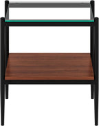Set of 2 Rectangle End Tables, Tempered Glass Top Nightstands with MDF Shelf, Metal Frame Accent Furniture for Living Room, Bedroom, Sofa Side, Small Space, Apartment,Office Decor (Black+Transparent)