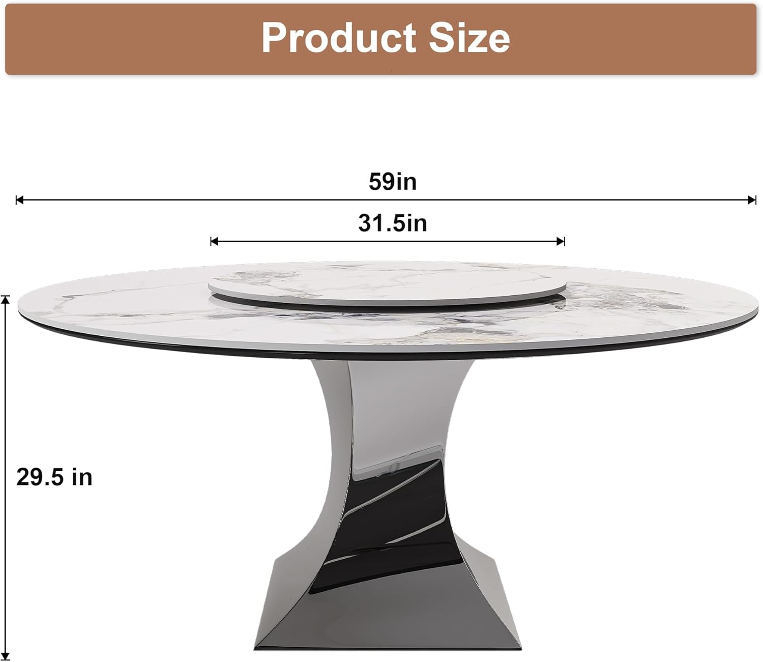 Montary 59” Modern Round Dining Table for 6-8, Artificial Marble Dining Room Table with Lazy Susan, Stainless Steel Black Titanium Hourglass Base, Sintered Stone Top Dining Table (Only Table)