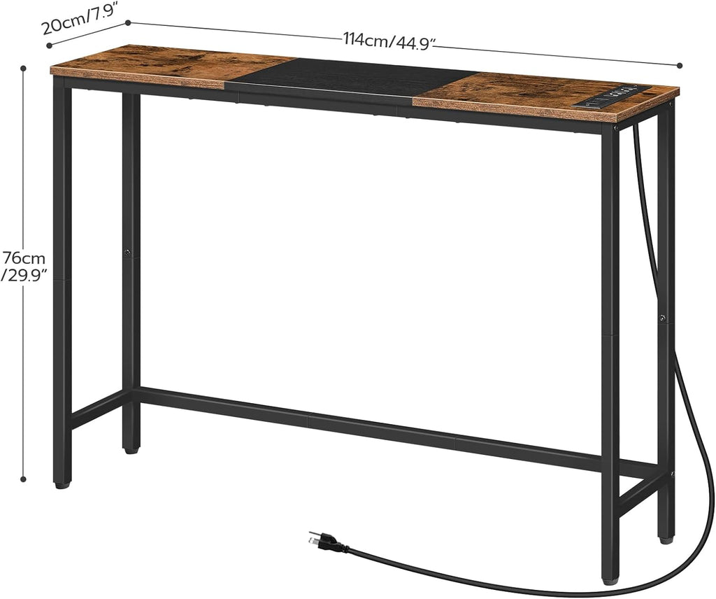 HOOBRO Narrow Console Table with Power Outlets, 44.9 Inches Sofa Table, Slim Behind Couch Table, Entryway Table with Display Shelf, for Living Room, Foyer, Hallway, Rustic Brown and Black BF114UXG01