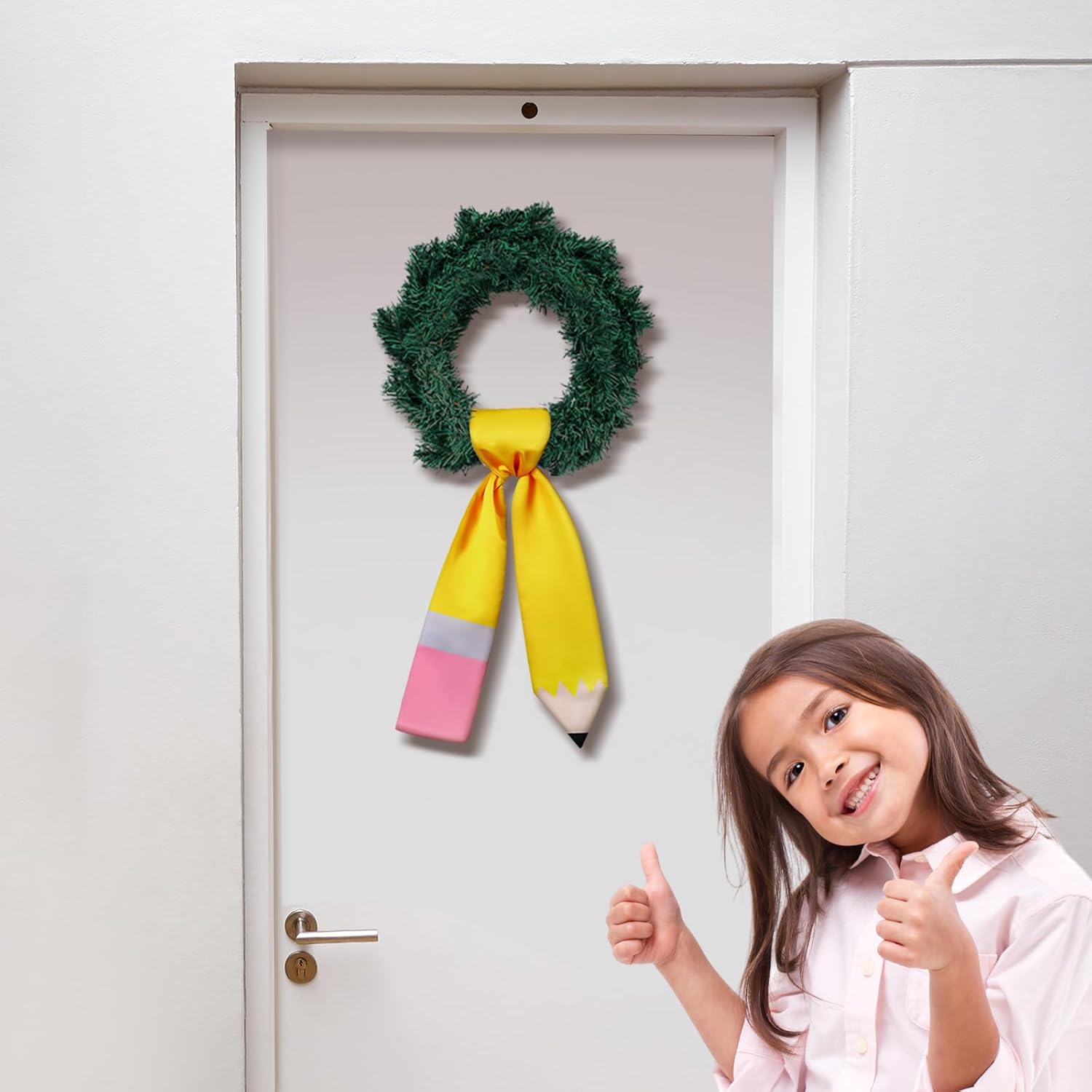 Back to School Pencil Wreath Sash for Front Door Yellow Teacher Appreciation Door Pencil Monogram Satin Wreath Sash for Party Supplies