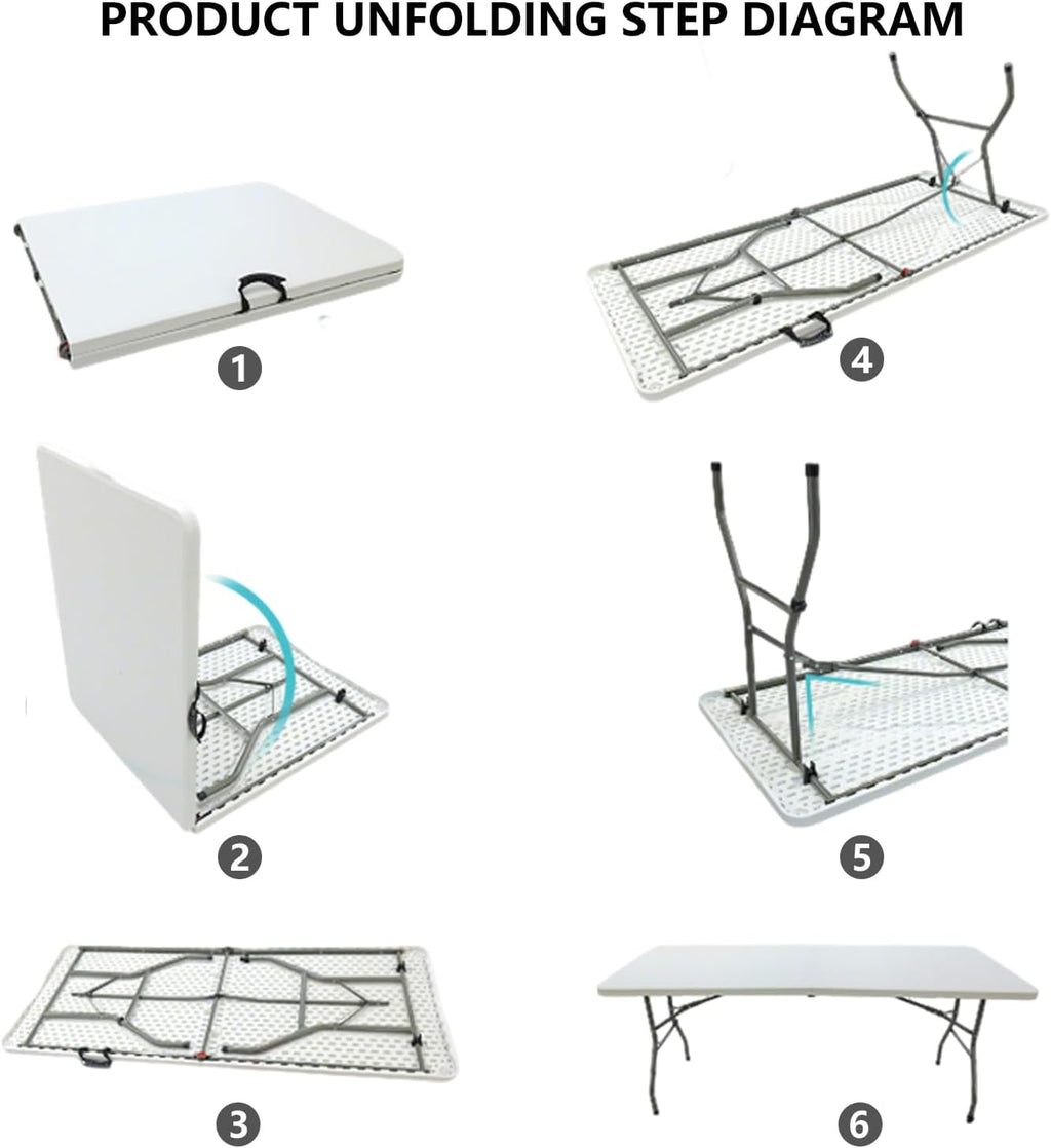 6 Feet Folding Table,Portable Plastic Foldable Table with Steel Legs&Carrying Handle for Party,Dining,Indoor/Outdoor Picnic, Camping,Weddings,Garden Dining(White-70" *28")