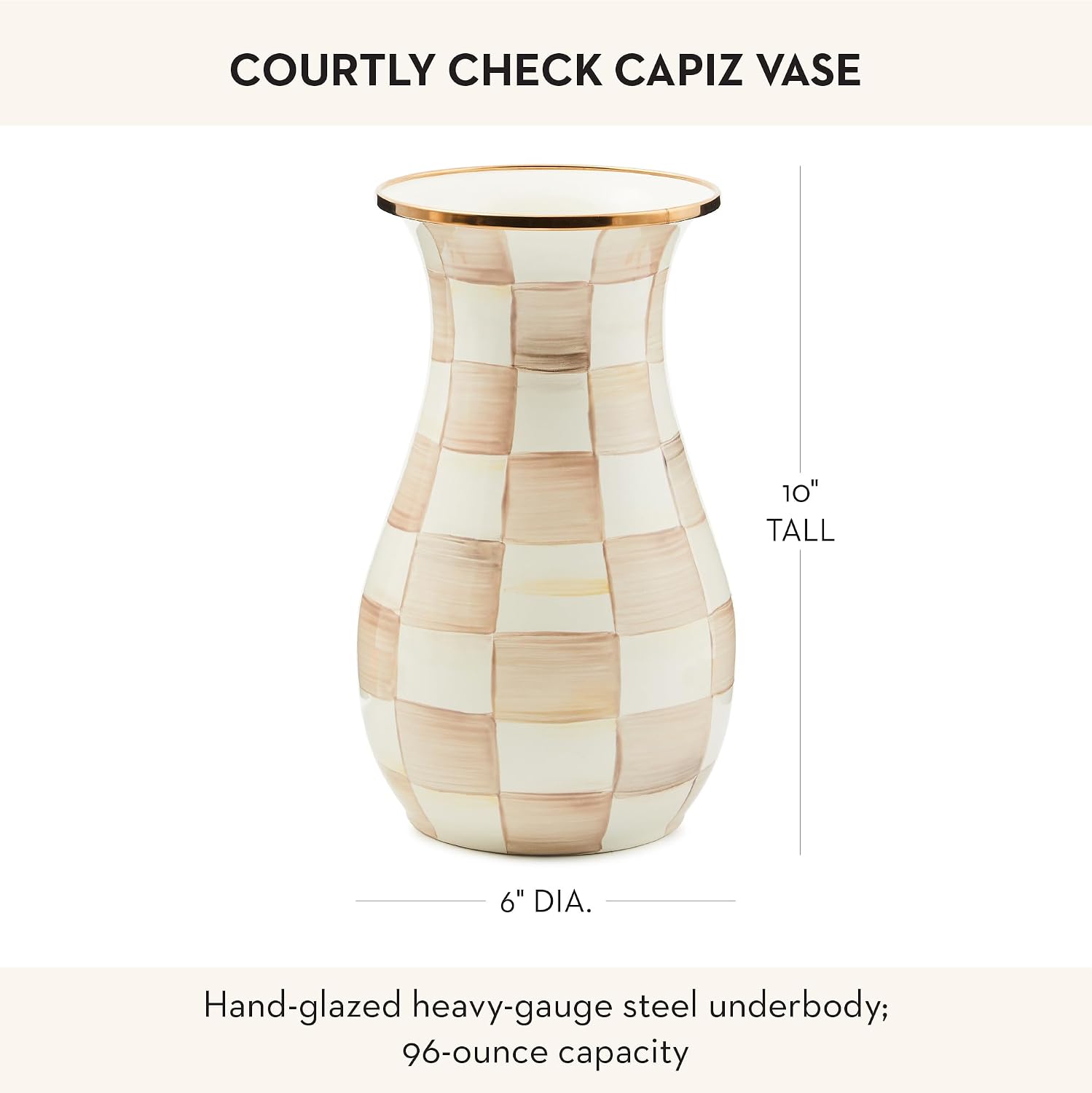 MACKENZIE-CHILDS Tall Enamel Checkered Vase, Unique Flower Vase, Brown-and-White Mocha Check, Steel, 6" L x 6" W x 12" H