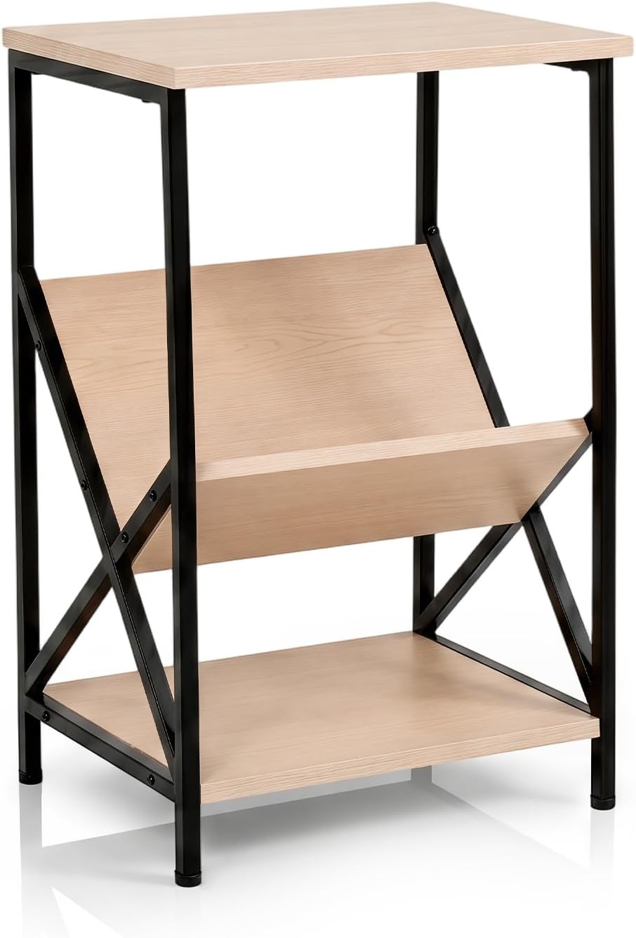 Tangkula Industrial Side Table, 3-Tier Accent End Table with Small Book Record Shelve, Metal Frame, Scratch-Resistant Top, Small Bookcase, Record Player Stand for Living Room, Bedroom (2, Beech)