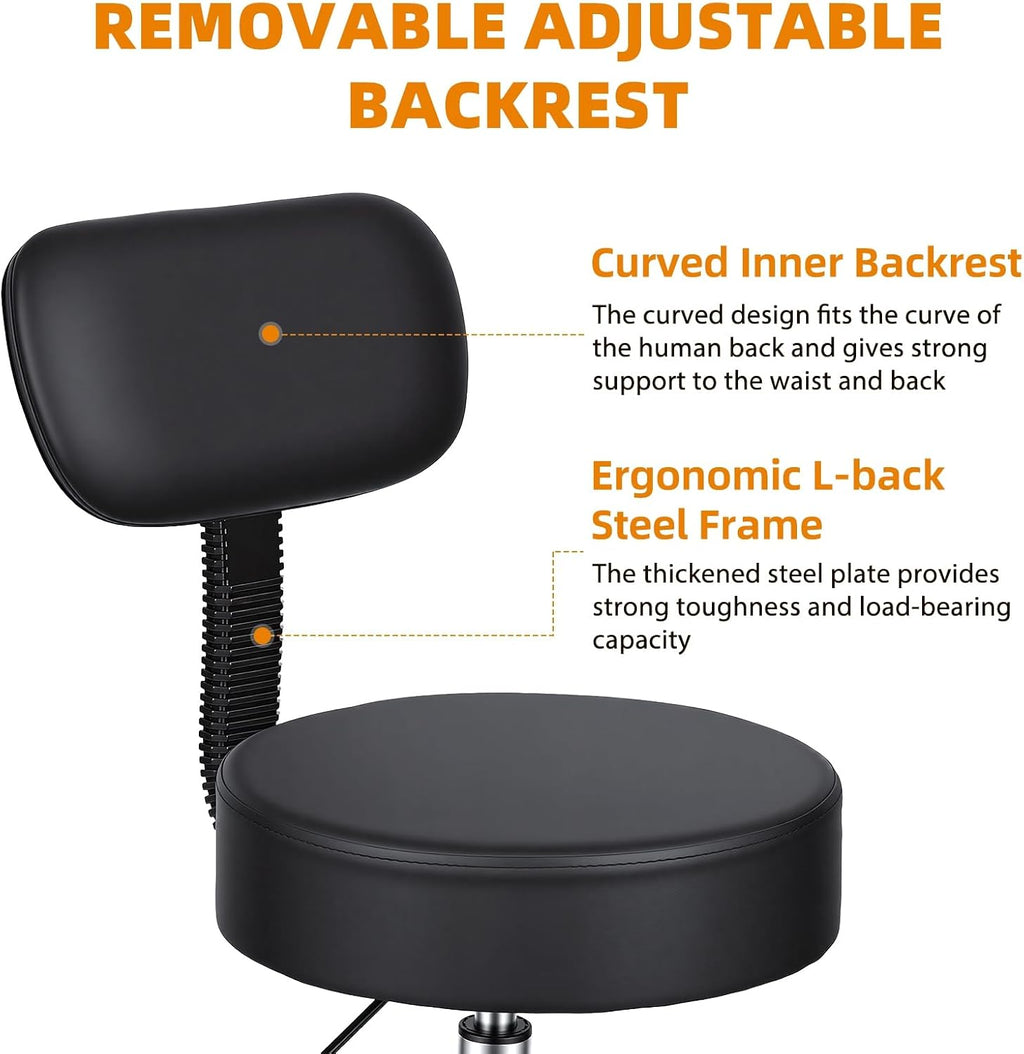 Height Adjustable Drafting Stool with Backrest, Tall Office Faux Leather Chair with Footrest Ring, Heavy Duty Rolling Swivel Stool 250lbs Capacity for Standing Desk, Salon, Bar, Studio Black
