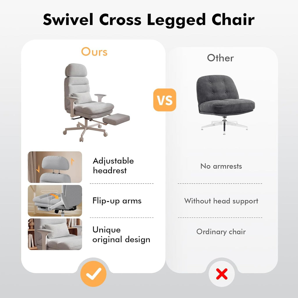 GXJ Criss Cross Chair with Flip-up Arms, Executive Office Chair with Foot Rest, Cross Legged Office Chair G800 Plus, Extra Lumbar Pillow, Corduroy Comfy Computer Desk Chair for Home, Grey