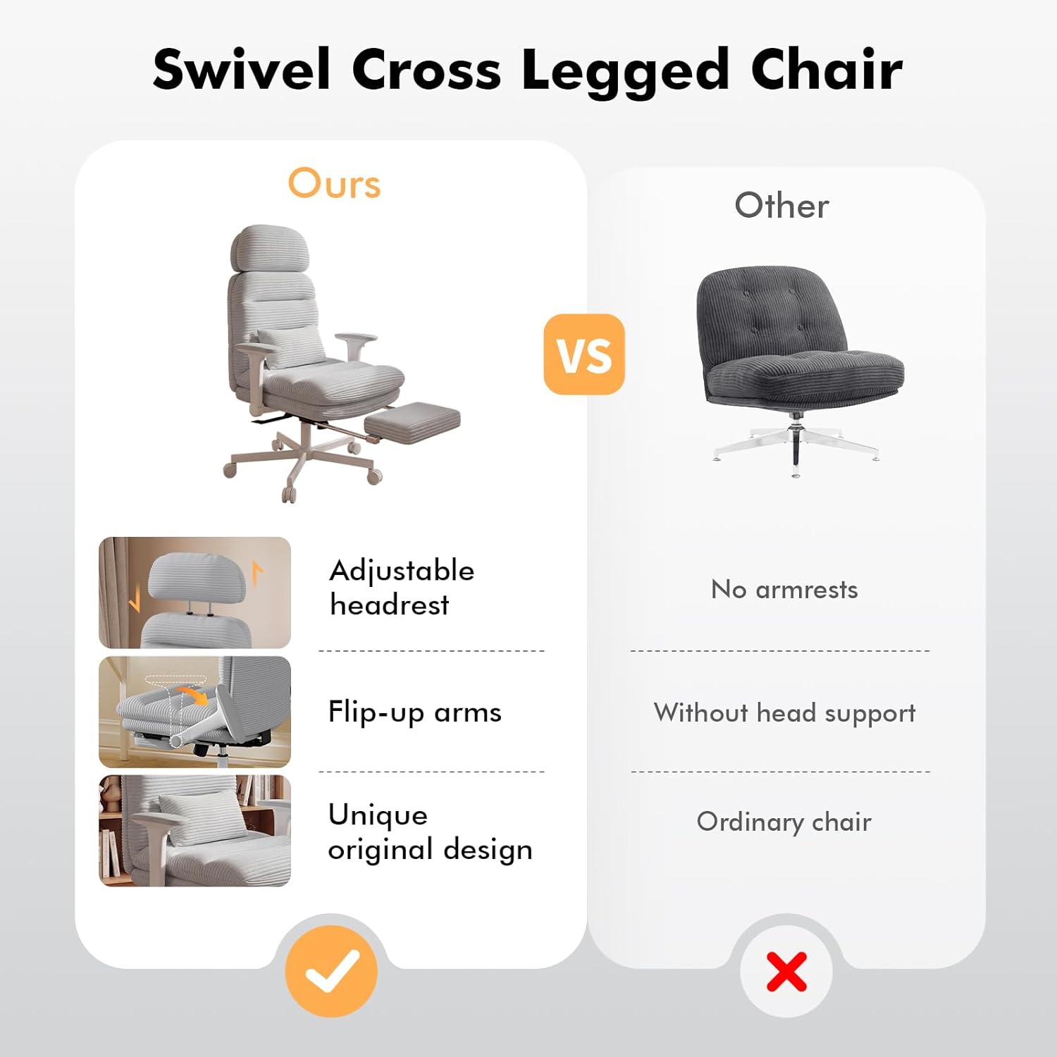 GXJ Criss Cross Chair with Flip-up Arms, Executive Office Chair with Foot Rest, Cross Legged Office Chair G800 Plus, Extra Lumbar Pillow, Corduroy Comfy Computer Desk Chair for Home, Grey