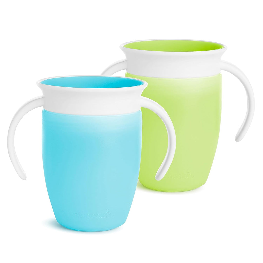 Munchkin® Snack™ Catcher Toddler Snack Cups, 2 Pack, Blue/Green & Miracle® 360 Trainer Sippy Cup with Handles, Spill Proof, 7 Ounce, 2 Pack, Green/Blue