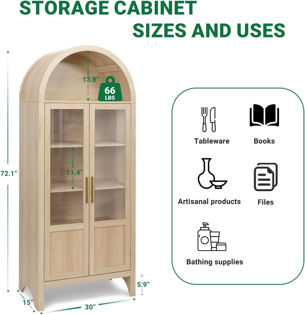 Arched Storage Cabinet with 2 Doors and 5-Tier Shelves for Living Room, 71" Tall Wooden Pantry Cabinet for Dining Room and Kitchen, Floor Bathroom Organizer, Natural Wood Color